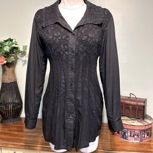 Conrad C Black Textured Smocked Front Button Tab Sleeve Long Blouse NEW NWT